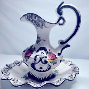 Vestal Alcobaca Vinyage Pitcher Saucer Hand Painted Multi Colored Portugal #1036